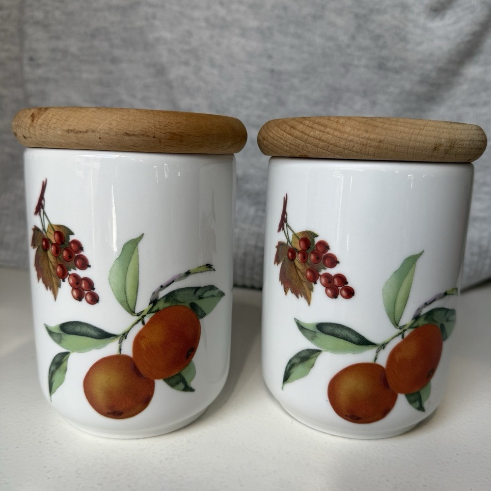 VTG Set 1961 Royal Worcester EVESHAM 5" Tall Canister Storage Jar Wooden Lid